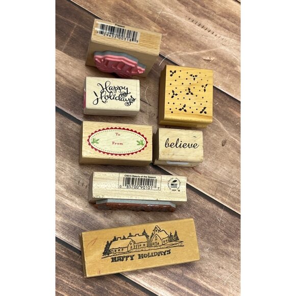 Lot of 7 mostly unbranded Holiday WOOD MOUNTED RUBBER STAMPS - Picture 2 of 4